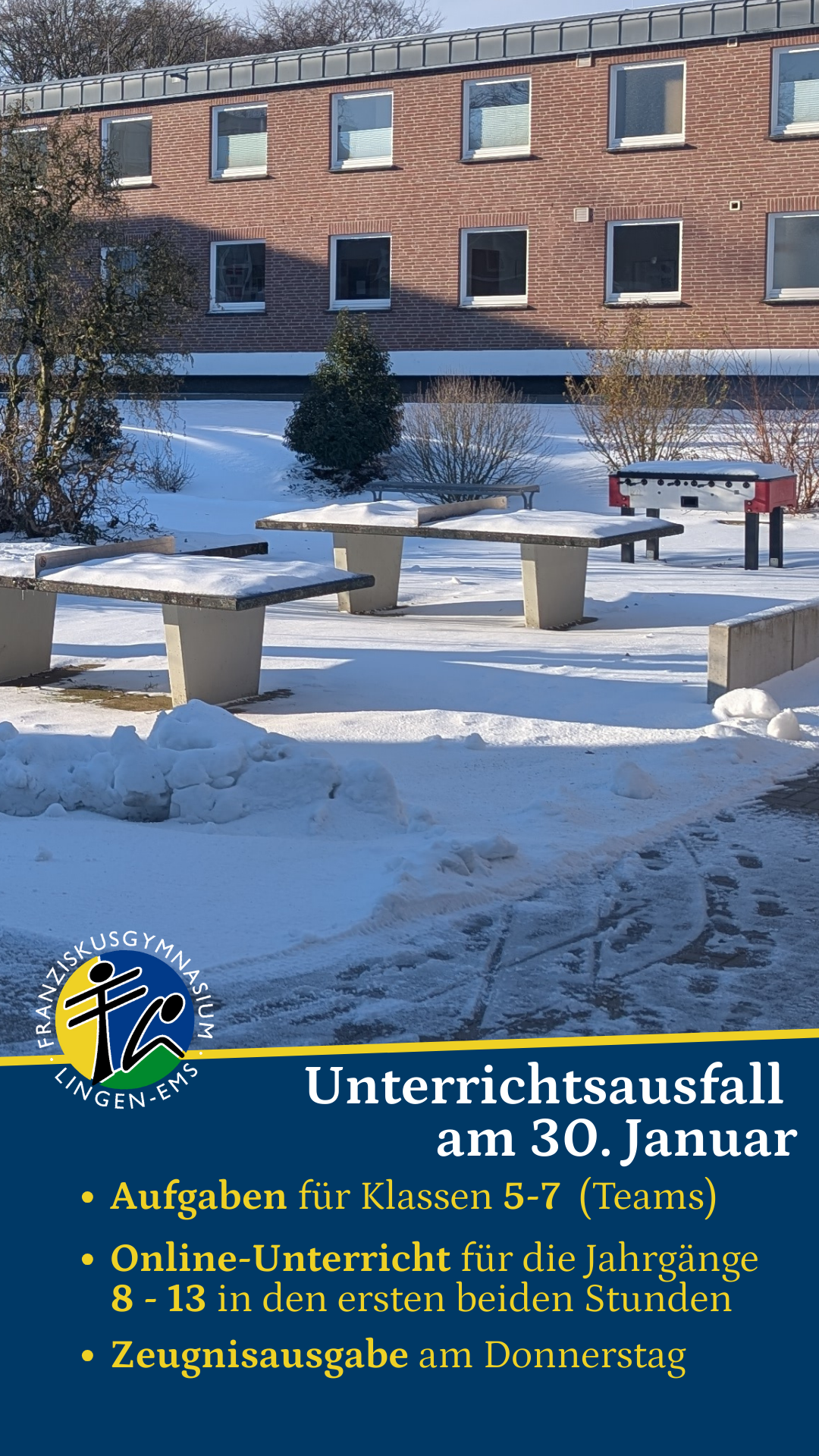 Schulausfall am 30.01.2026 – Vorgehen am Franziskusgymnasium